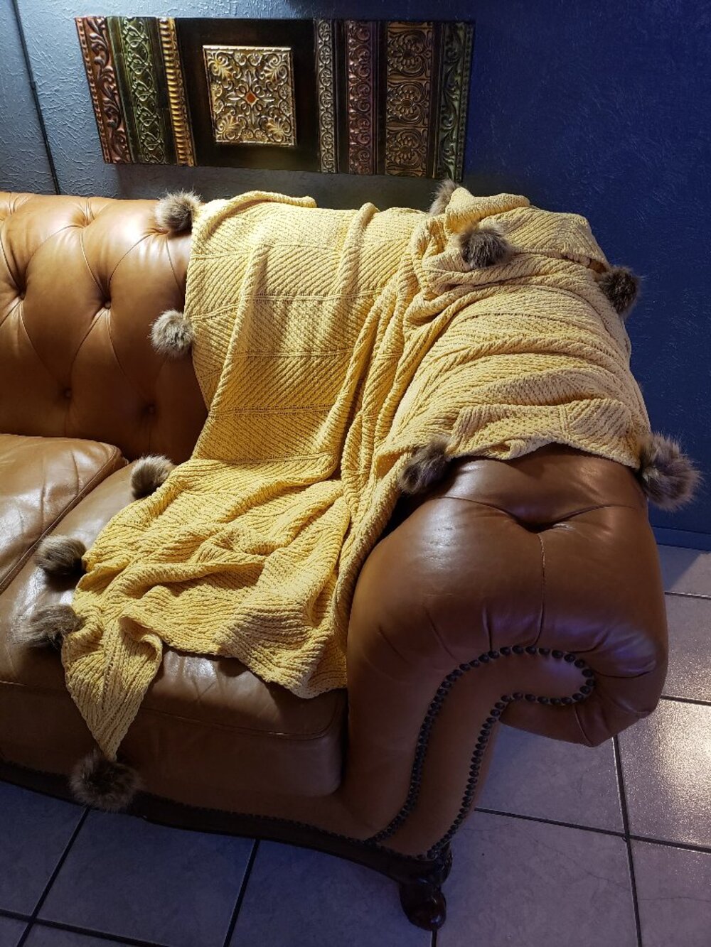Luxury Yellow Cable Knit Throw Blanket Faux Fur Pom Poms Oversized Cozy NWOT